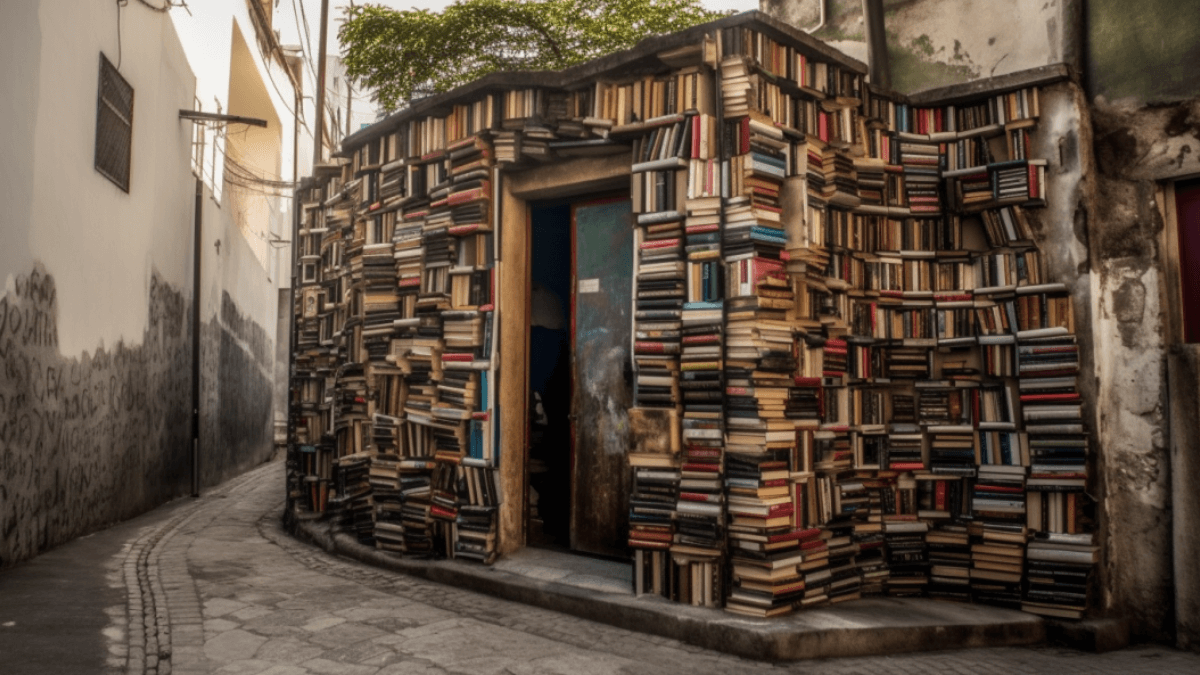 Outdoor book store with various books on display